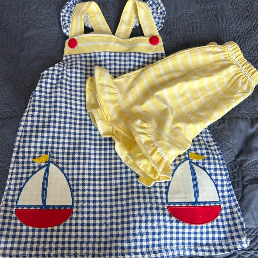 Blue and Yellow Gingham Sailboat Dress Set
